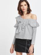 Shein Pinstriped Asymmetric Cold Shoulder Flounce Trim Top