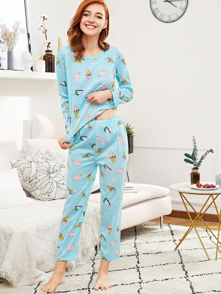 Shein All Over Print Tee & Pants Pj Set