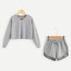 Shein Girls V Neck Solid Pullover & Shorts Set