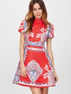 Shein Red Vintage Print Jacquard Structured Skater Dress