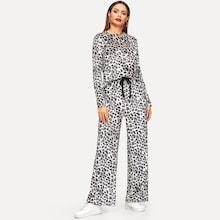 Shein Leopard Print Velvet Top And Wide Leg Pants Set
