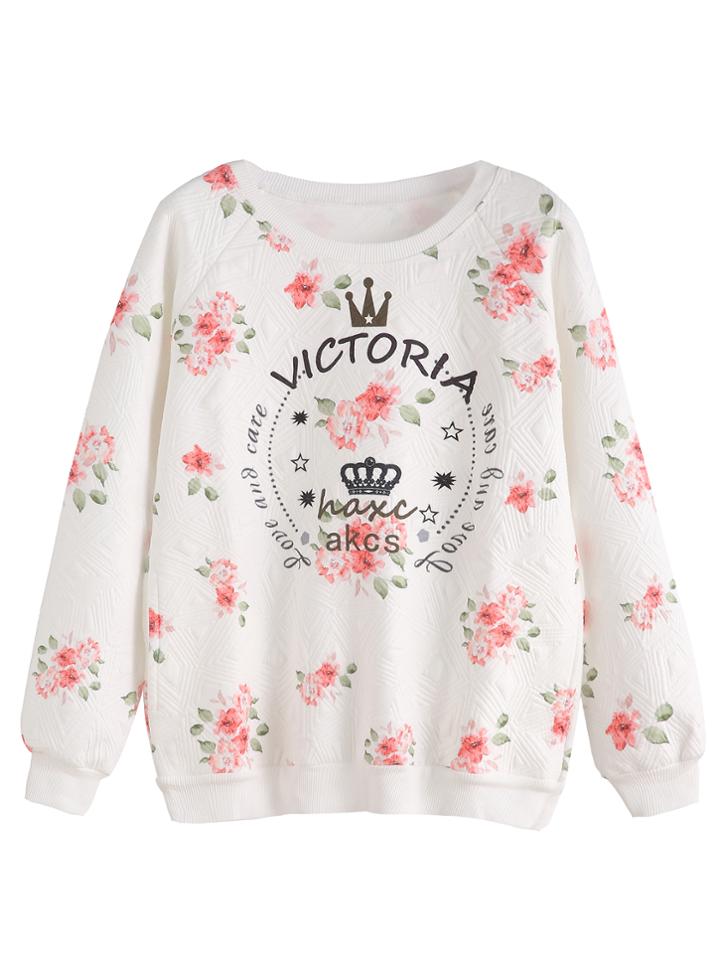 Shein White Floral Print Raglan Sleeve Embossed Sweatshirt