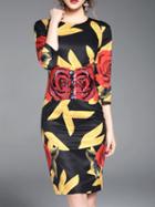 Shein Black Rose Print Sequined Sheath Dress