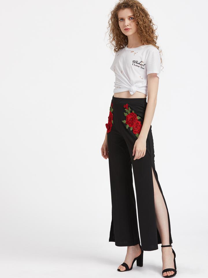 Shein Appliques Slit Side Pants