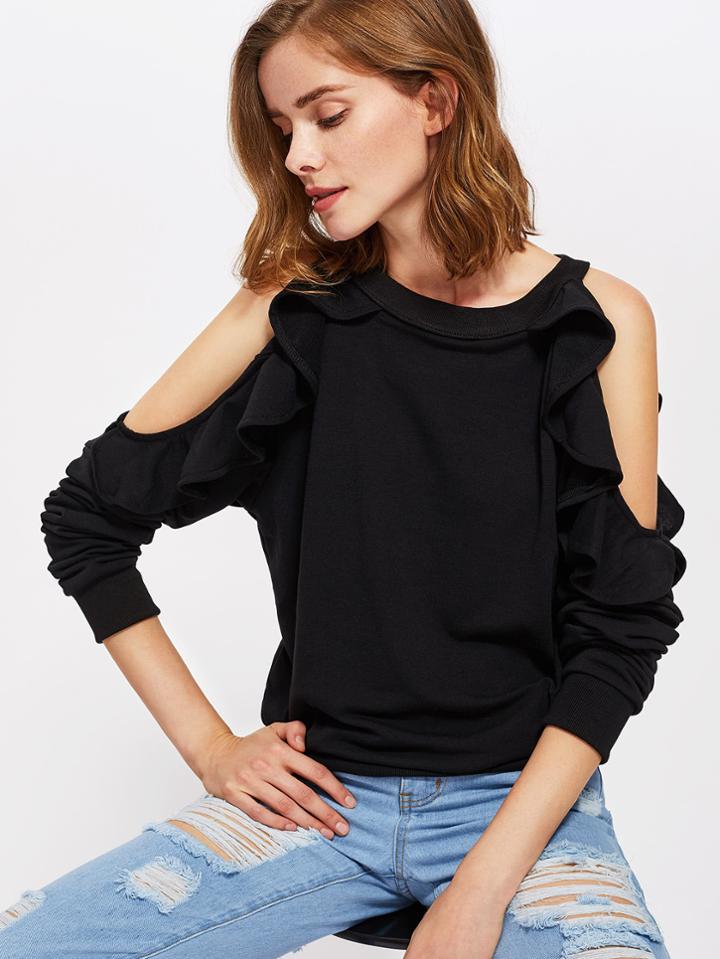 Shein Open Shoulder Ruffle Trim Sweatshirt
