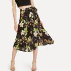 Shein Flower Print Wrap Midi Skirt