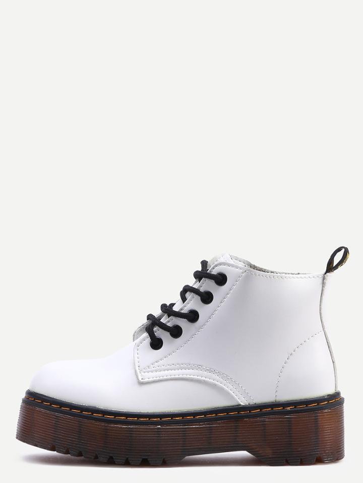 Shein White Lace Up Pu Flatform Boots