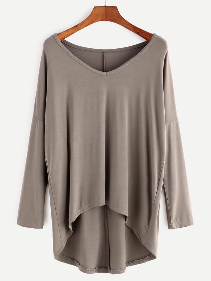 Shein Pale Brown V Neck Drop Shoulder Dip Hem T-shirt