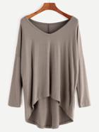 Shein Pale Brown V Neck Drop Shoulder Dip Hem T-shirt