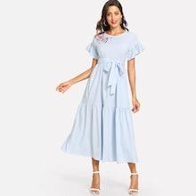 Shein Floral Embroidered Applique Self Belted Dress