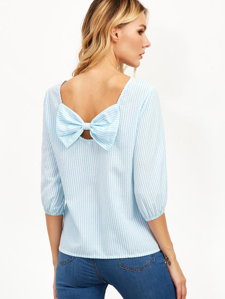 Shein Blue Vertical Striped Bow Embellished Back Top