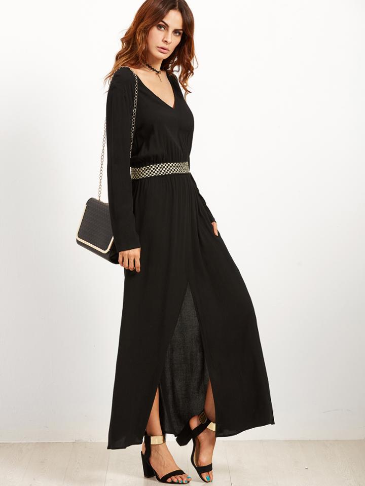 Shein Black V Neck Elastic Waist Split Front Dress