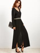 Shein Black V Neck Elastic Waist Split Front Dress