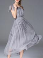 Shein Grey Ruffle Sleeve Pleated Midi Dress