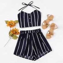 Shein Button Detail Striped Halter Top With Shorts