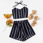 Shein Button Detail Striped Halter Top With Shorts