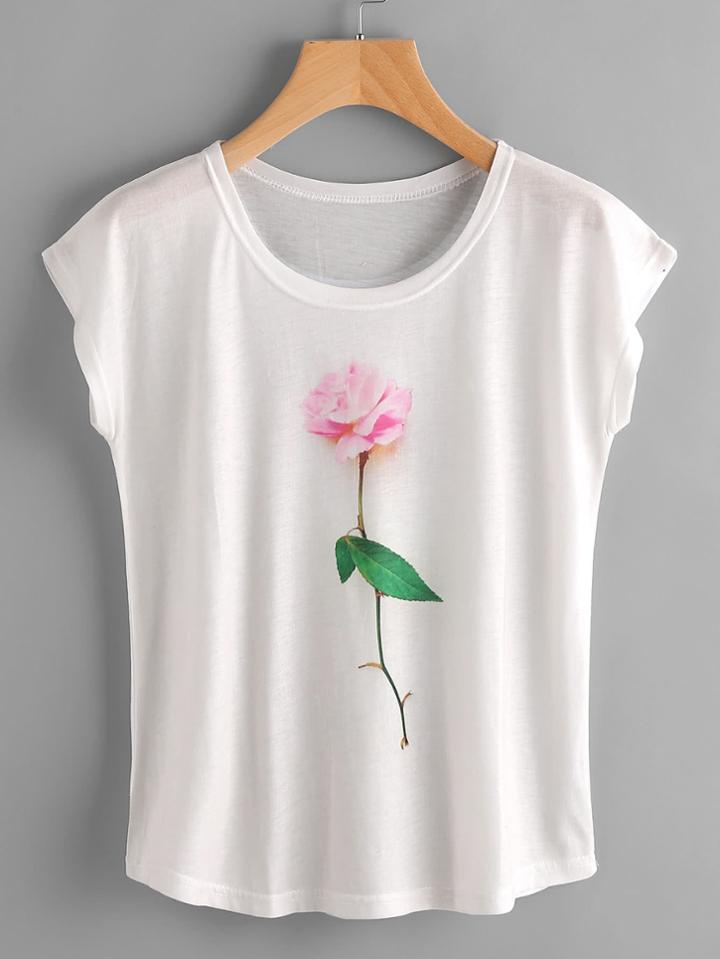 Shein Rose Print Cap Sleeve Tee