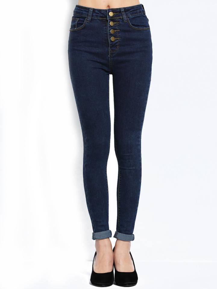 Shein Navy High Waist Buttons Skinny Denim Pant