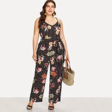 Shein Plus Tie Waist Floral Print Striped Jumpsuit