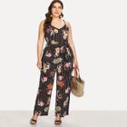 Shein Plus Tie Waist Floral Print Striped Jumpsuit