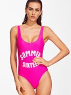 Shein Hot Pink Letter Print Low Back One-piece Swimwear