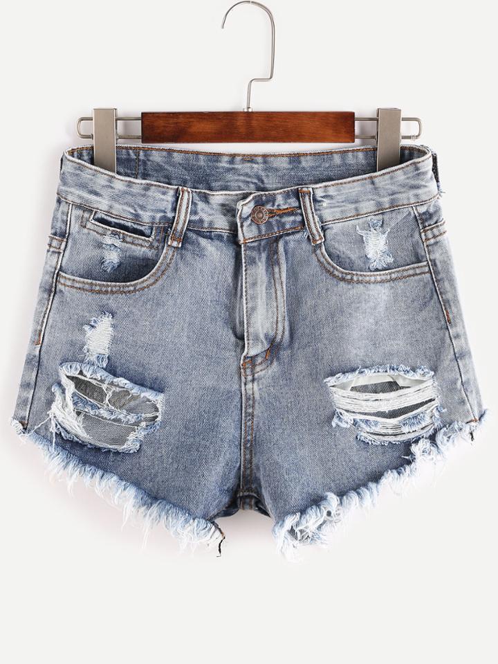 Shein Blue Ripped Bleached Raw Hem Denim Shorts