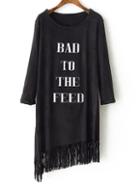 Shein Black Round Neck Letters Print Tassel Dress