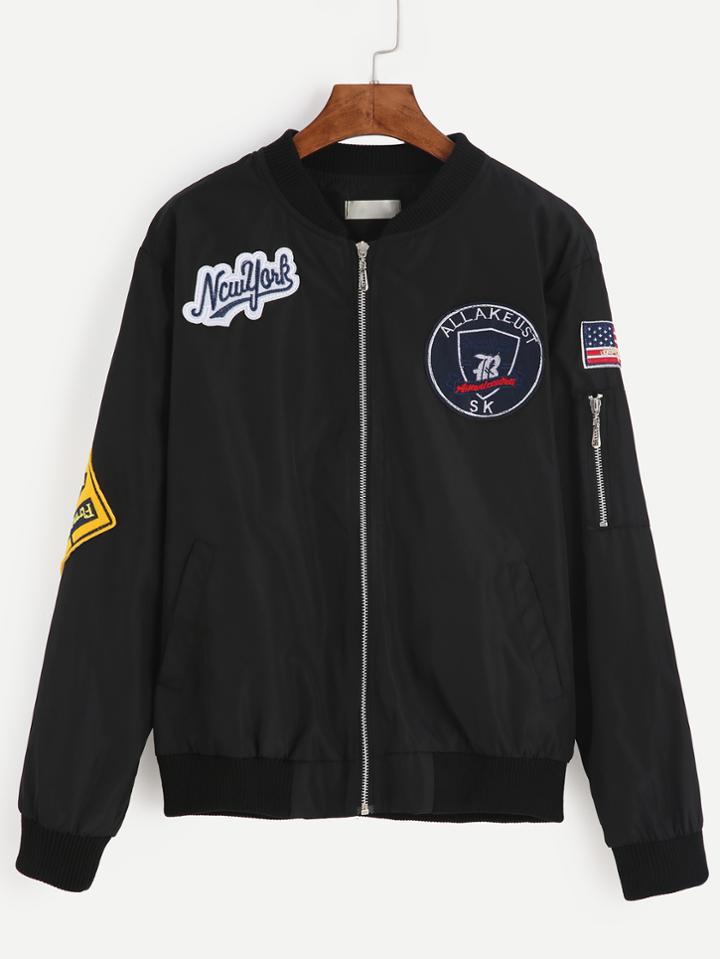Shein Embroidered Patches Bomber Jacket With Sleeve Zip
