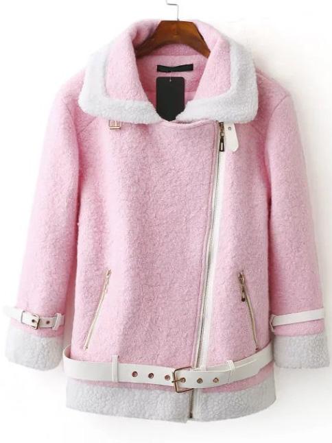 Shein Pink Contrast Trim Oblique Zipper Coat With Belt
