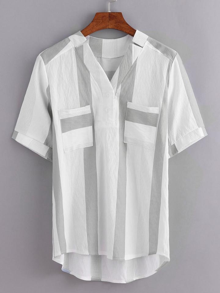 Shein V-neck Dual Pocket Front Grey Striped Blouse