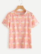 Shein Allover Swan Print Scalloped Sleeve Tee