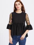 Shein Embroidered Mesh Back And Flute Sleeve Smock Top