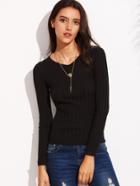 Shein Black V Neck Long Sleeve Knitted T-shirt