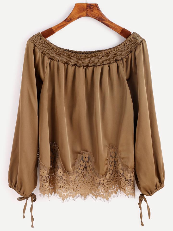 Shein Boat Neck Contrast Lace Hem Top