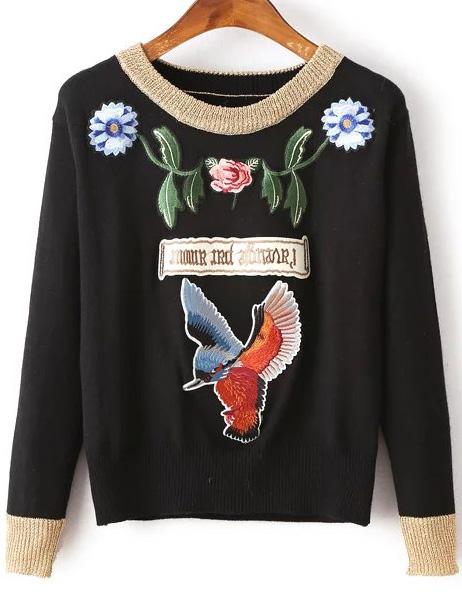 Shein Black Bird Embroidery Contrast Trim Sweater