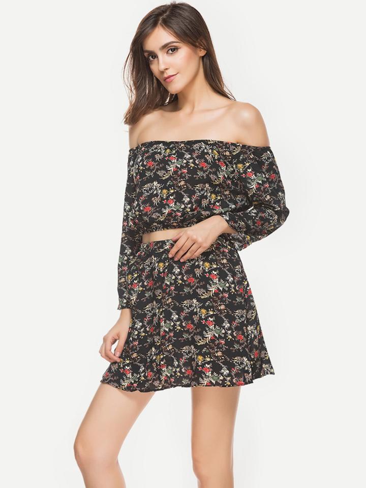 Shein Calico Print Bardot Crop Top With Skirt