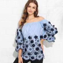 Shein Floral Embroidery Striped Bardot Top