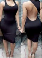 Rosewe Cutout Back Sleeveless Black Skinny Dress