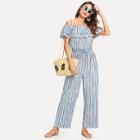 Shein Off Shoulder Self Tie Ruffle Stripe Jumpsuit