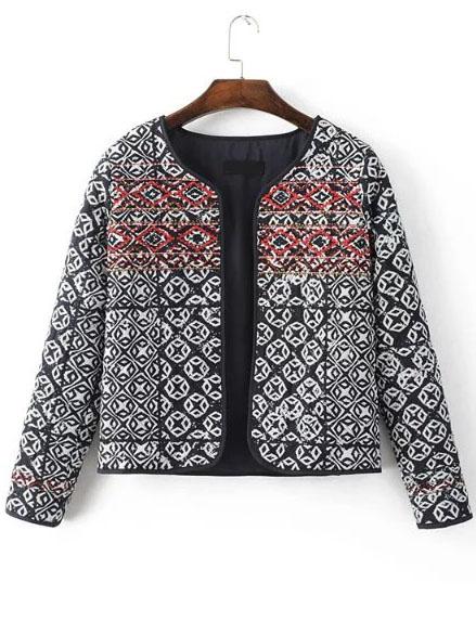 Shein Black Vintage Embroidery Quilted Coat