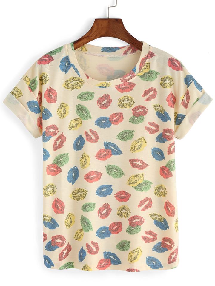 Shein Lips Print Cuffed T-shirt