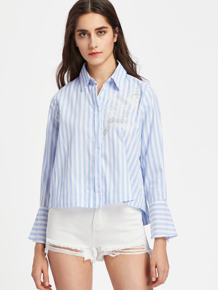 Shein Embroidered Sequin Bird Hidden Placket Shirt