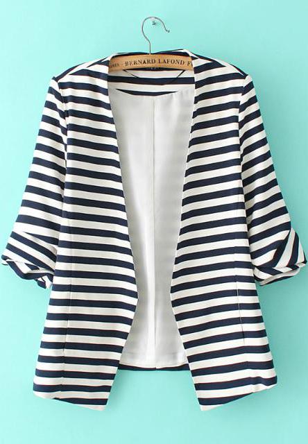 Shein Navy White Striped Long Sleeve Fitted Blazer