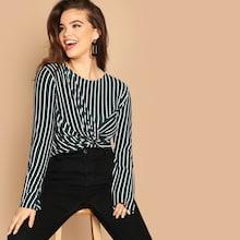 Shein Plus Twist Front Pinstripe Blouse