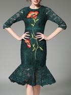Shein Green Flowers Embroidered Fishtail Lace Dress