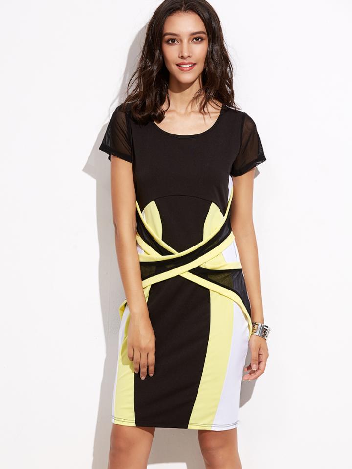 Shein Color Block Mesh Insert Criss Cross Sheath Dress