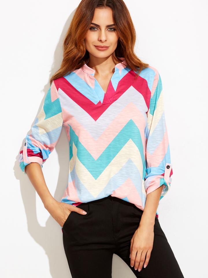 Shein Chevron Print Roll Tab Sleeve T-shirt