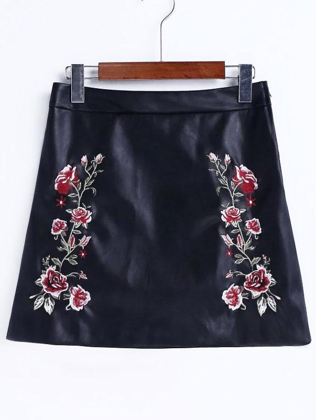Shein Black Flower Embroidery A Line Pu Skirt