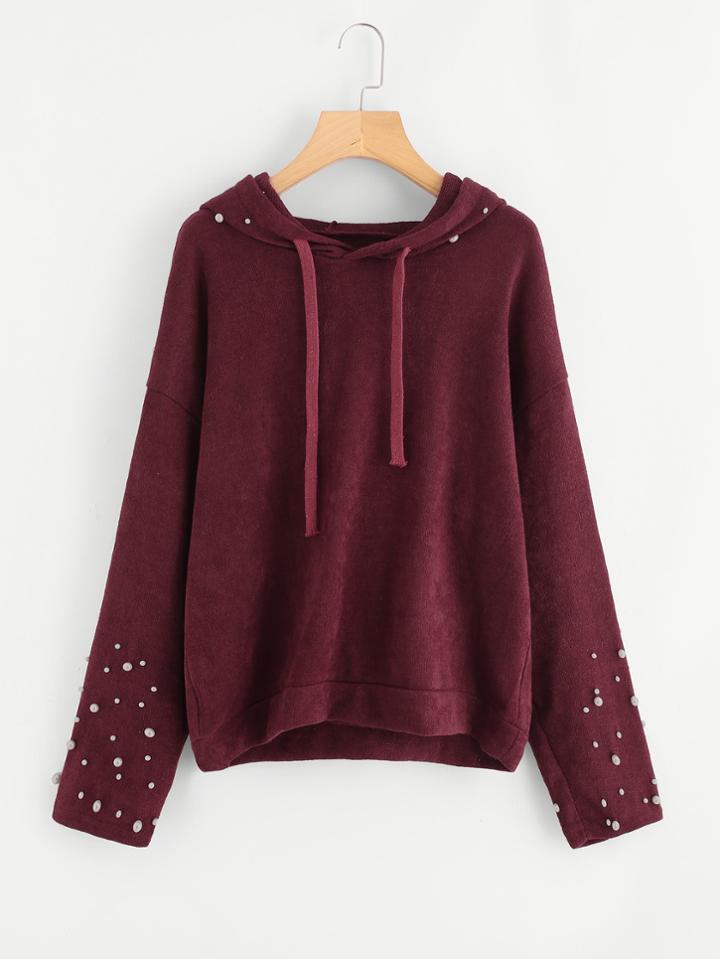 Shein Pearl Beaded Drop Shoulder Hooded Sweater