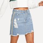 Shein Striped Side Ripped Raw Hem Denim Skirt